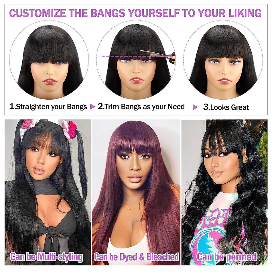 Wigs Human Hair 250% Density 3x1 HD Lace Glueless Wig With Bangs Human Hair Staight Wig with Bangs For Black Women Wear And Go image 3