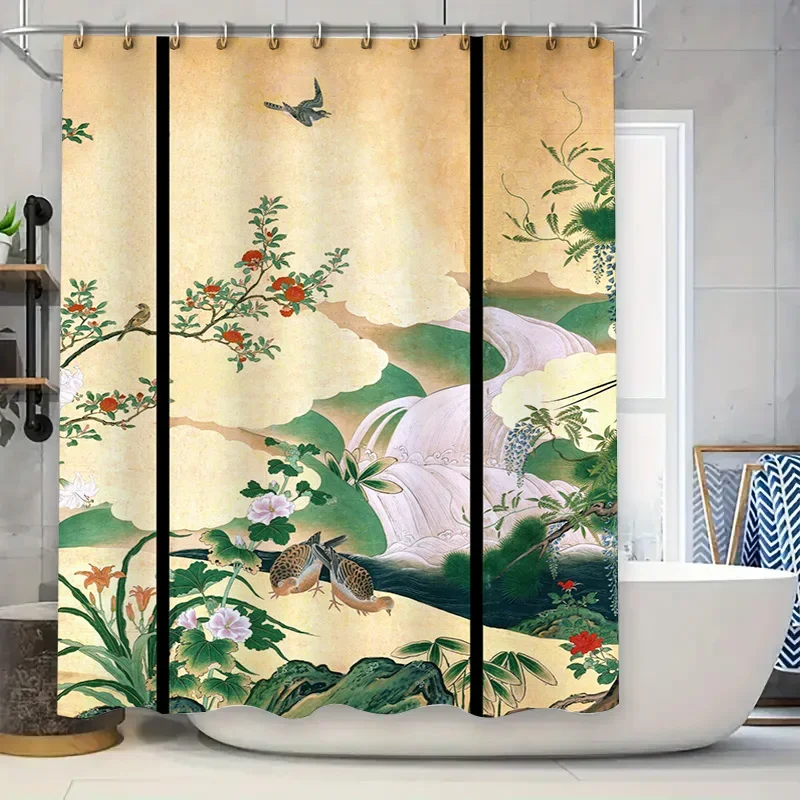 

Asian-themed bathroom curtains featuring a beautiful nature scene with birds and flowers ideal for creating an elegant spa-like