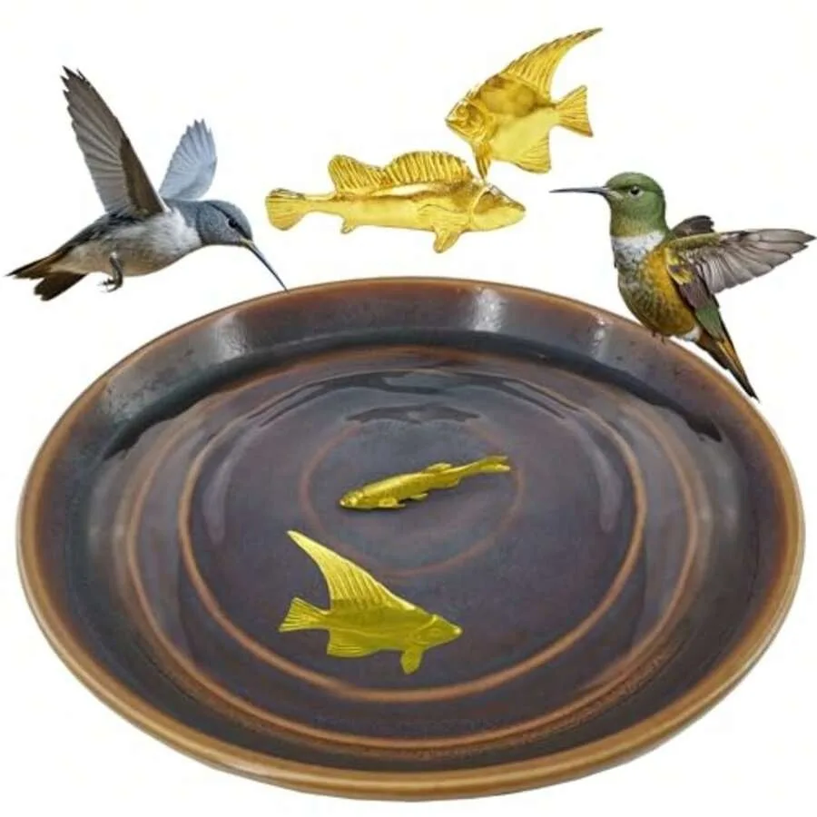 

【New Arrival】Outdoor Hummingbird Bath Dish, Shallow Ceramic Bowl with Gold Fish Details, Easy to Clean & Fill