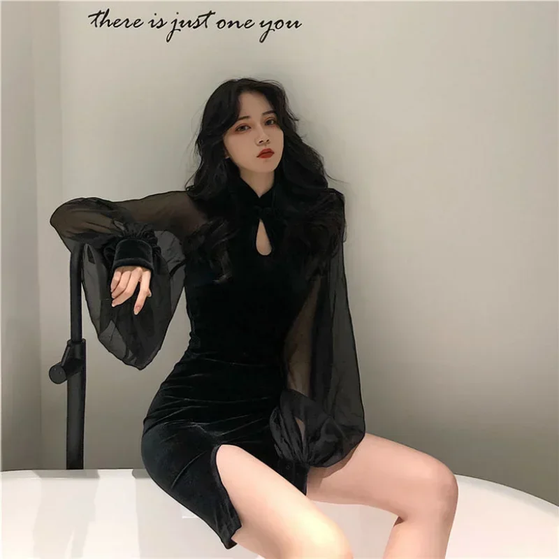 Robe coréenne en velours pour femmes, fendue sur le côté, manches lanternes, coupe cintrée, manches longues, col Mandarin, Mini robe Y2k, printemps été