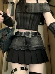 2024 Summer Hotsweet Vintage Patchwork Denim Black Skirts Women's Casual Sexy High Waist Slim Fit Female Mini Pleated Skirt