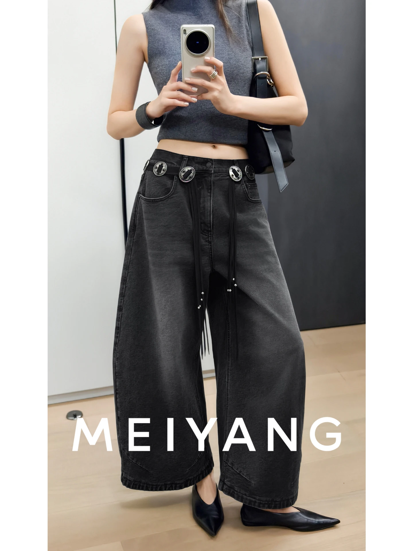

Meiyang Retro Wide Leg Balloon Pants Loose Fit High Waist Zipper Closure Casual Denim Jeans Ladies Summer All Season