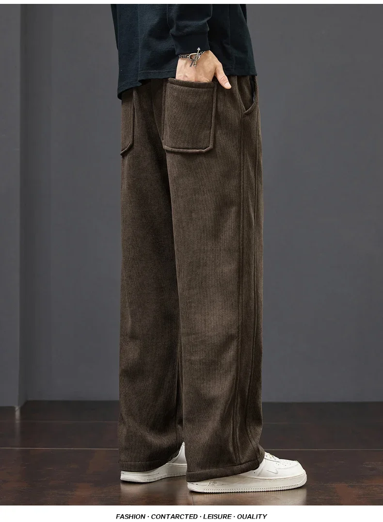 Winter Warme Fleece-Gefütterte Herren-Cordhose, Weite Gerade Hose mit Kordelzug und Elastischem Bund, Streetwear Braune Freizeithose für Männer – Detail 9
