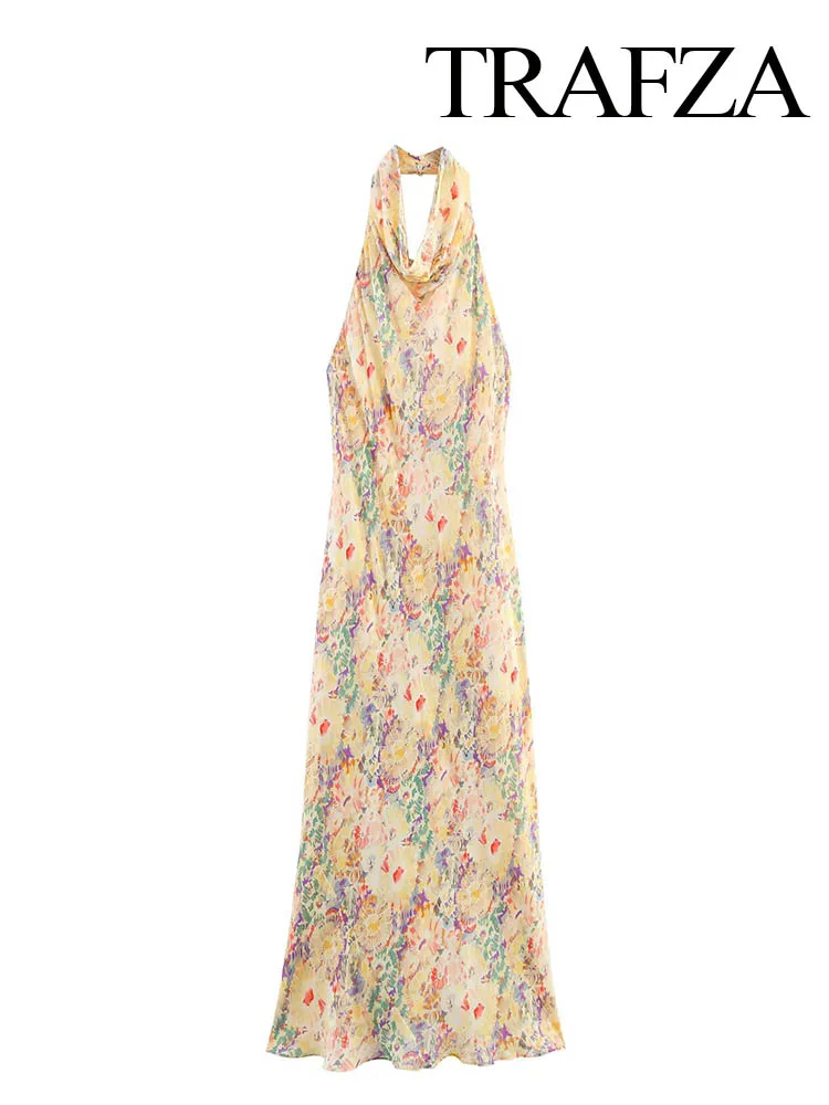 

TRAFZA 2025 Women Summer New Fashion Halter Neck Party Sleeveless Long Dress Female Elegant Sexy Backless Print Slim Midi Dress