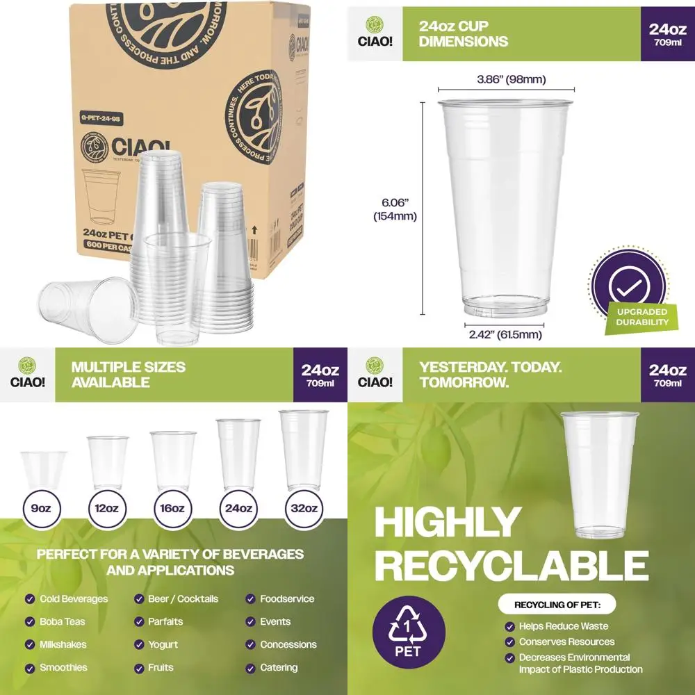 

24oz PET Plastic Cold Beverage Cups for Smoothies, Iced Coffee, and Refreshing Drinks - 98mm Diameter, Pack of 600