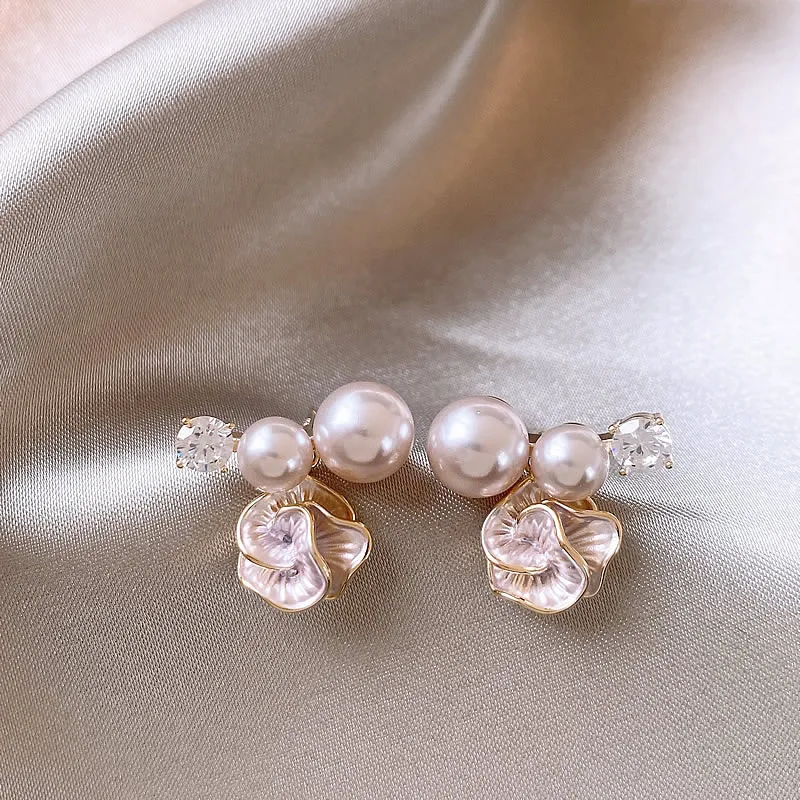 Round Imitation Pearl Dangle Earrings for Women Light Luxury Cubic Texture Flower Drop Earring Exquisite Rhinestones Ear Drops F