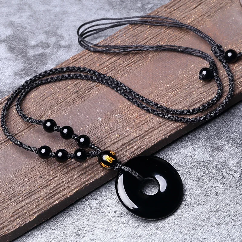 

Natural Black Obsidian blessing Buckle Pendant Necklace Fashion Charm Jewellery Hand-Carved Lucky Amulet Gifts for Women Men