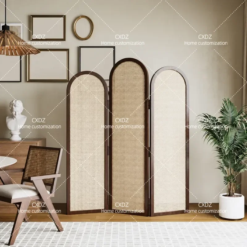 French Medieval Solid Wood Rattan Folding Screen Room Divider Partition for Living Room Hotel Office Homestay Mobile Simple
