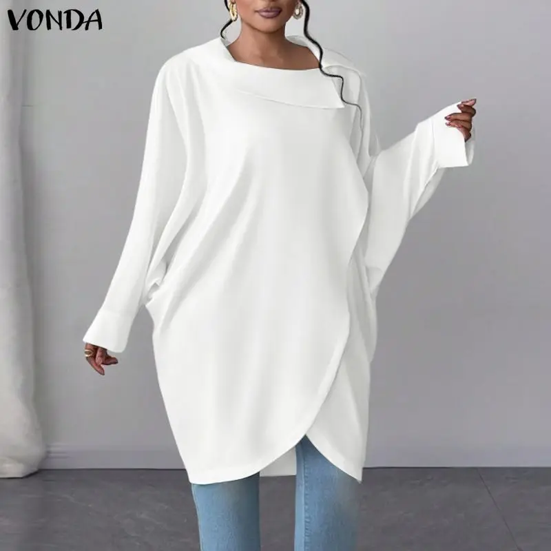 

Модные однотонные женские блузки больших размеров VONDA, весенне-летние топы с длинными рукавами, рубашка с асимметричным подолом и асимметричным плечом, уличная одежда