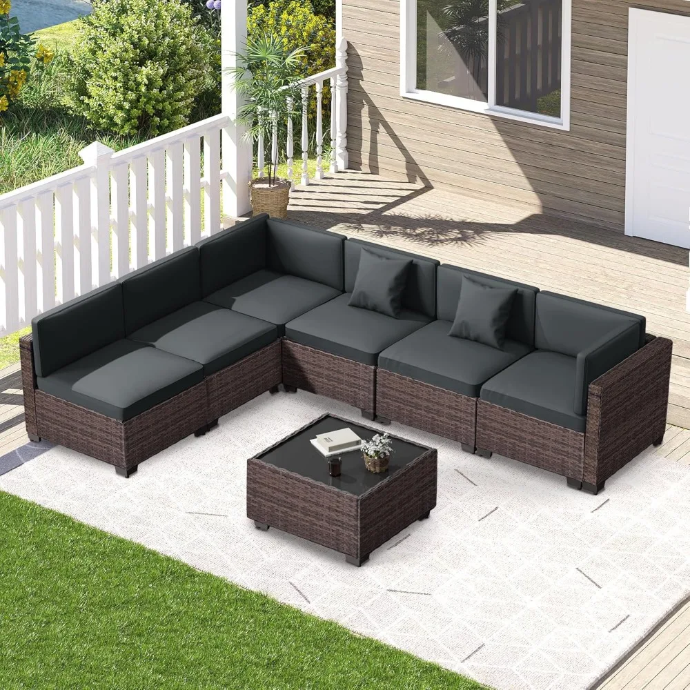 

7 Piece Outdoor Patio Furniture Set, Rattan Chairs Glass Table Wicker Conversation Seating Sectional Sofa with Cushions Colorful