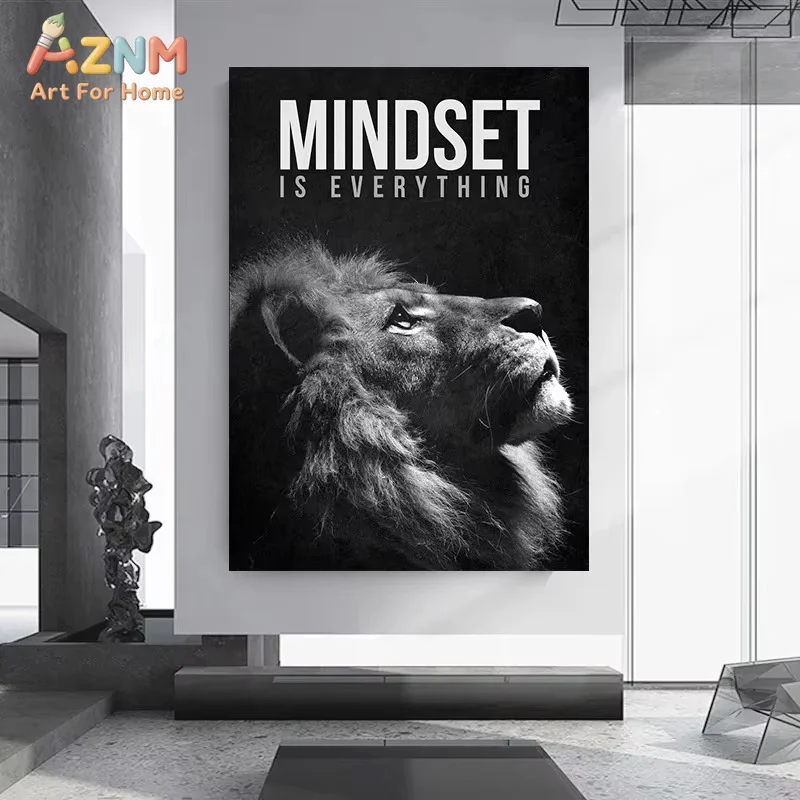 AZNM Motivational Quotes Success Canvas Poster Lion Mindset Is Everything Poster Wall Art Painting Office Living Room Decor