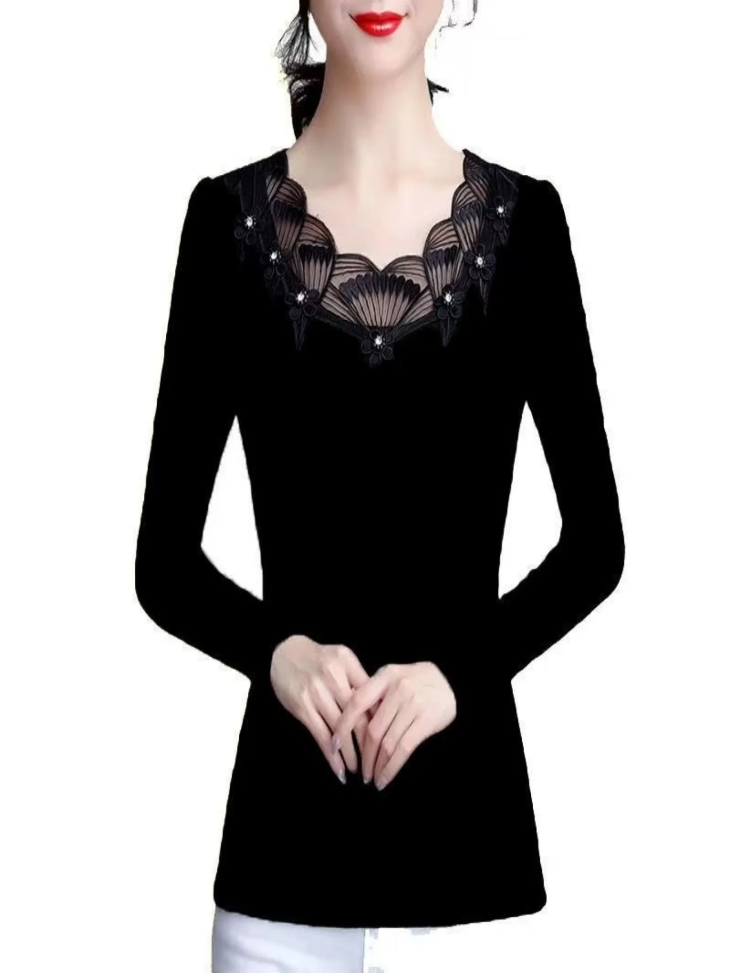 

Тонкая флисовая футболка с длинным рукавом и кружевной сеткой, женская, больших размеров, теплая, в корейском стиле, приталенная, с V-образным вырезом, для осени и зимы