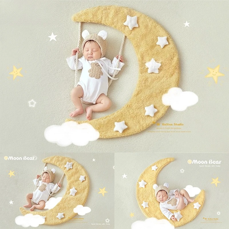 Newborn Photography Props Moon Backdrop with Stars and Swing Outfit Theme Set Photo Clothing Accessories for Studio Photoshoot