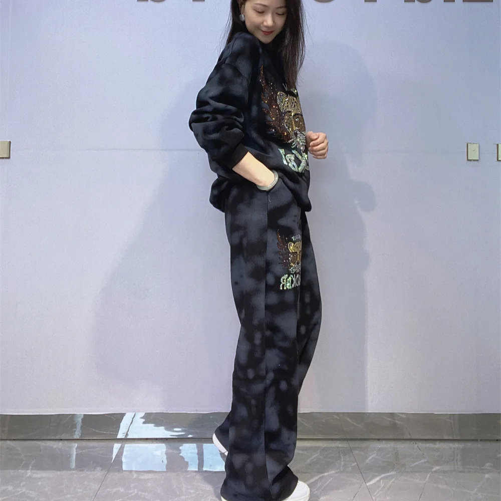 

Комплект свитшотов с длинными рукавами и круглым вырезом со стразами для женщин, зимние комплекты из толстых брюк с флисовой подкладкой и принтом тай-дай