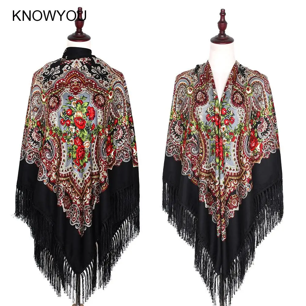 Ethnic Style Print Floral Wraps for Women Russian Fringed Square Scarf Elegant Mujer Bufanda Retro Shawl Large Size Hijabs