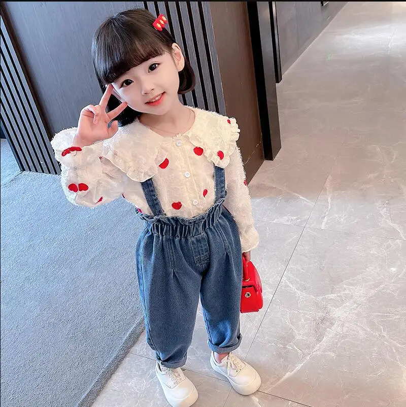 Children Girls Polka Dot Shirt + Denim Overalls Pants Suit Spring 2023 New Autumn  Baby Kids Girl Two-piece Clothing Set