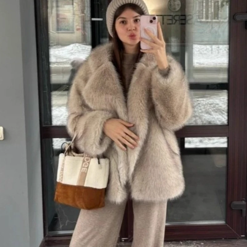 TARUXY Faux Fur Lapel Coat Woman Fashion Pocket Loose Long Sleeve Elegant Plush Coat 2025 Winter New Daily Commuting Party Wear