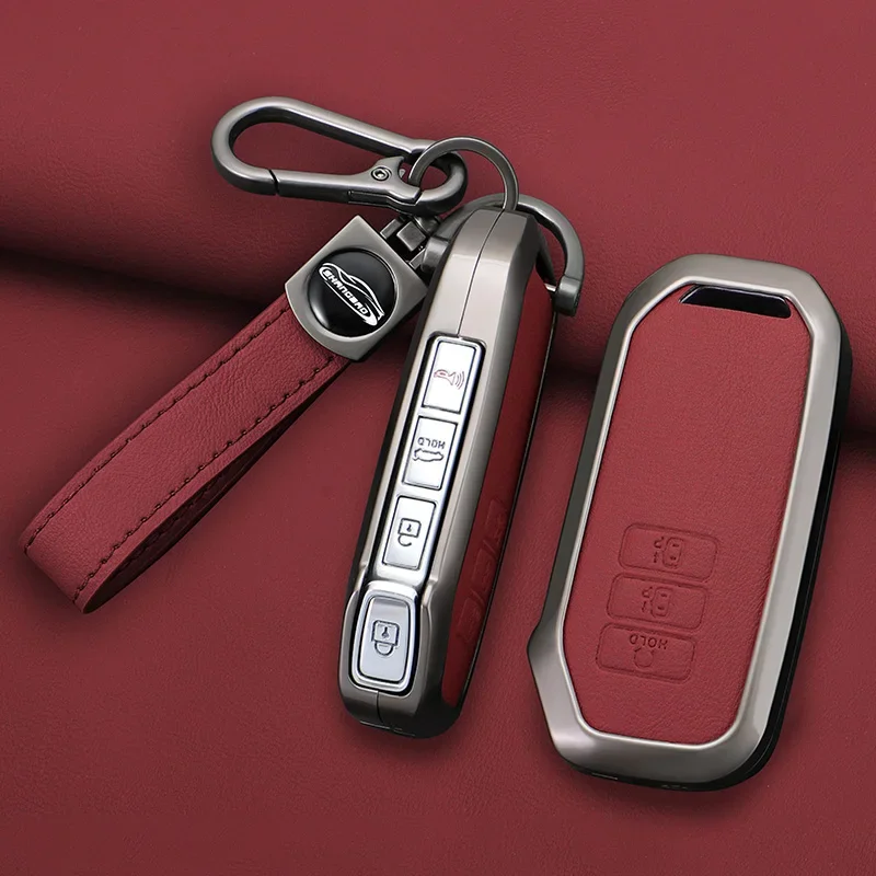 Metal+leather Key Shell Fob Holder for Kia Sorento MQ4 2020 2021 2022 EV6 K8 V6 7 Buttons Car Remote Key Case Cover Protector