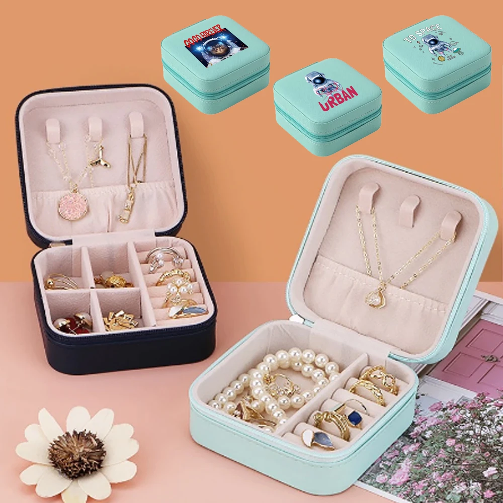 Portable Mini Jewelry Storage Box Astronaut Print Travel Organizer Jewelry Case Storage Earrings Necklace Ring Jewelry Display