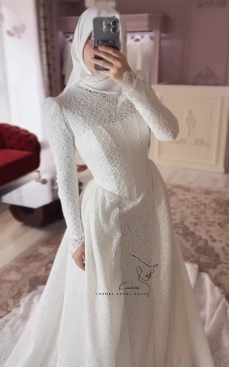 KUXA Customized Lace Muslim Wedding Dresses Floor-Length Vintage High Neck Full Sleeves Bridal Gowns vestidos de novia 2026