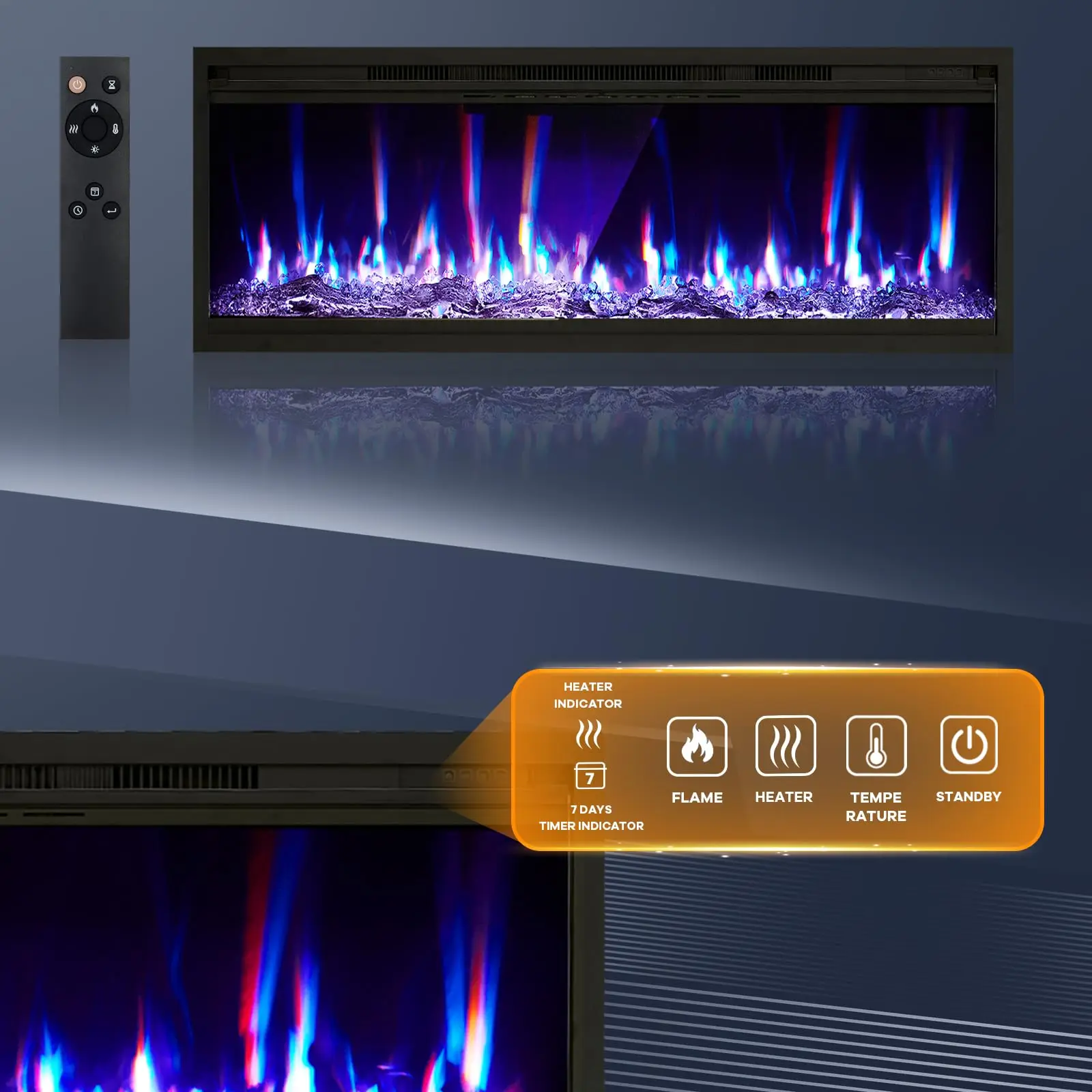 42/50/60/68in سخان مدفأة كهربائي فائق النحافة 5000 وحدة حرارية بريطانية مثبت على الحائط/مريح مع مؤقت عن بعد لهب قابل للتعديل 750 وات/1500 وات