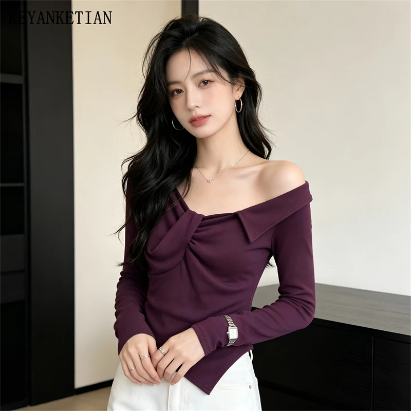 

KEYANKETIAN 2026 Spring New Woman Sexy Off Shoulder Long Sleeve T-Shirt Asymmetrical Hem Fitted Ruched Slim Casual Pullover Tee