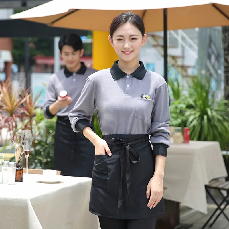 Uniforme de trabalho de limpeza de atendente de hotel com gola virada para baixo e camiseta de tecido de algodão de mangas compridas para homens em catering, chá com leite