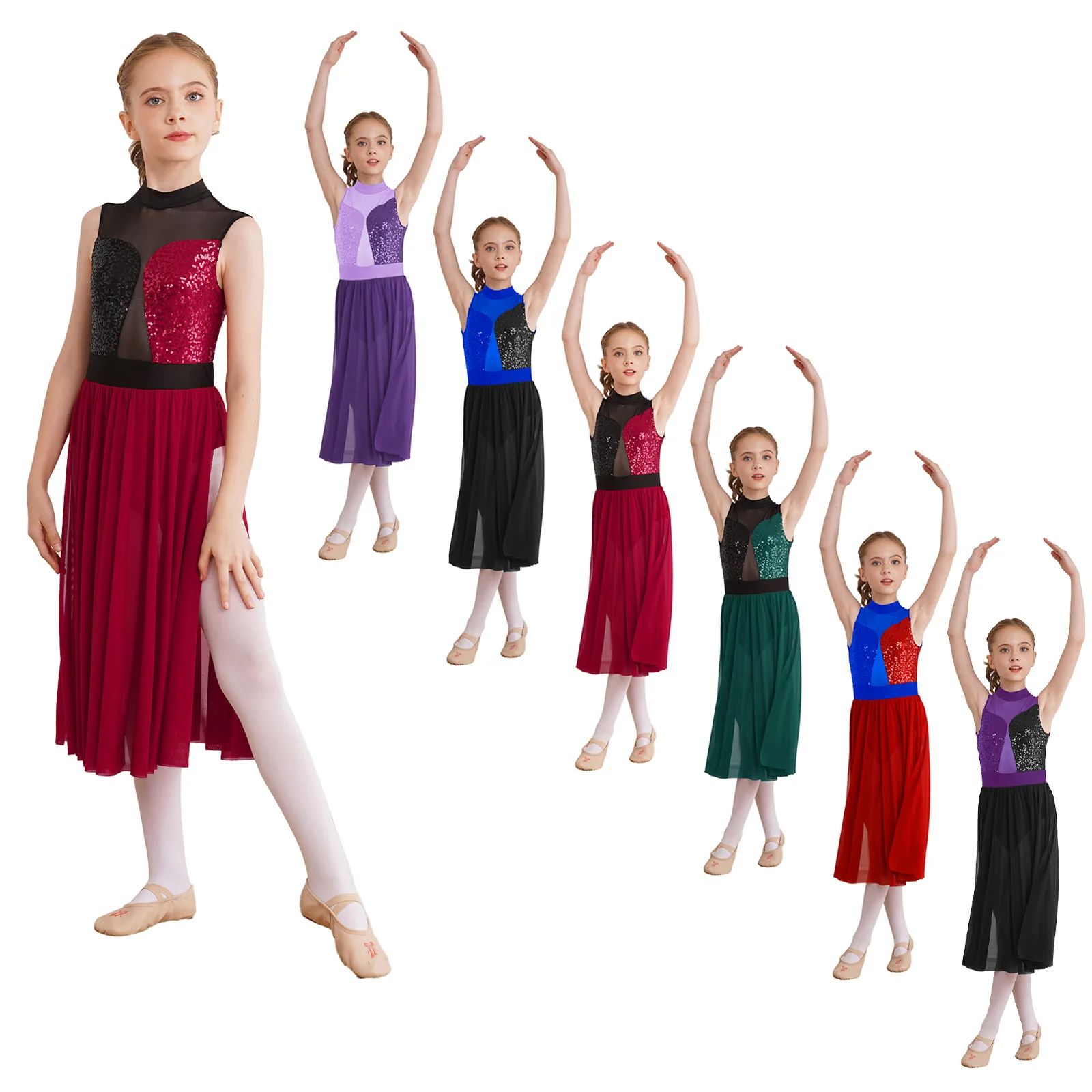 Kids Girls Lyrical Dance Costume Mock Sequins Top Leotard Split Maxi Dress Ballet Jazz Modern Contemporary Praise Dancewear