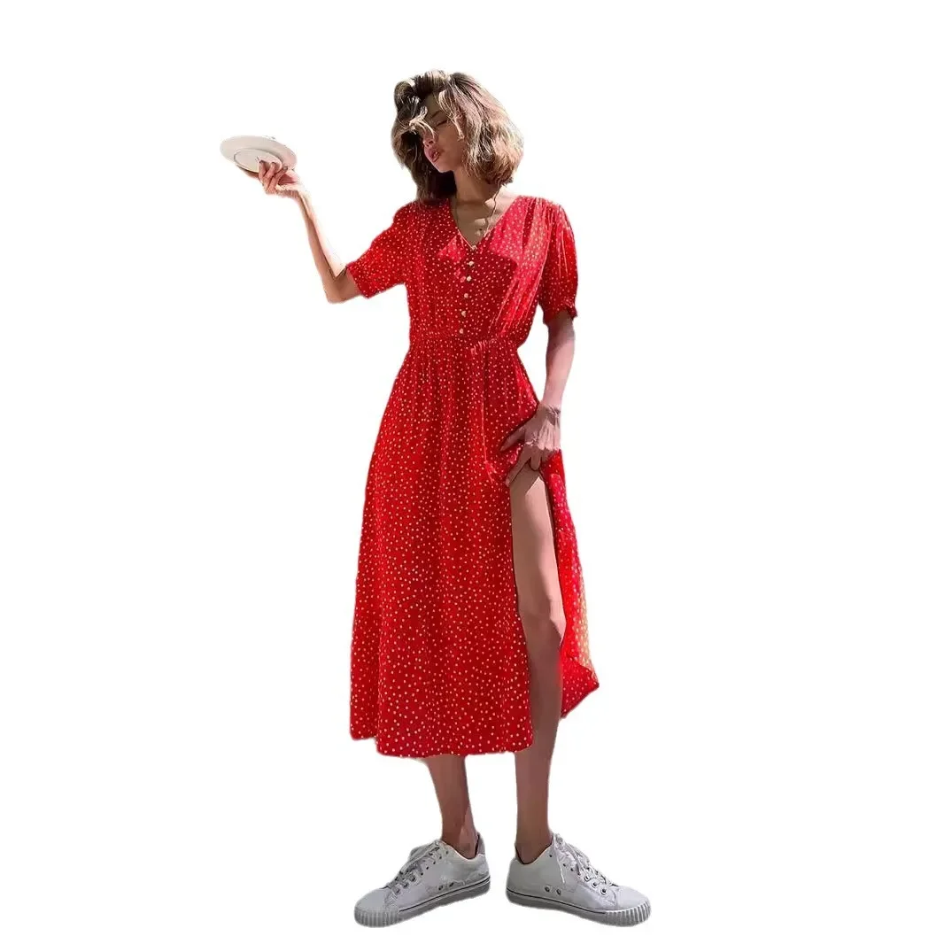 Birthday Dress for Women Wave Point Dresses 2025 Summer V-neck Waist Mid Length Red Dress for Women m