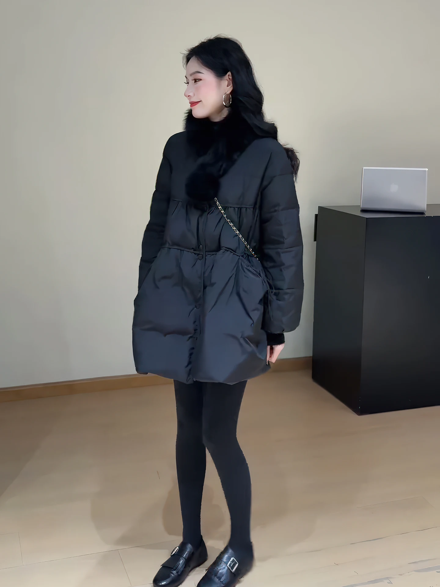 

Уникальная женская зимняя утепленная куртка-пуховик средней длины с круглым вырезом, утягивающая талию, теплая верхняя одежда