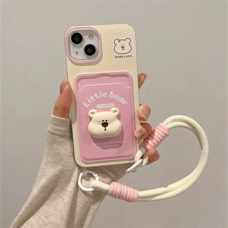 3D Little Bear Doll Pink Painted Card Bag Phone Case with Same Phone Hanging Strap Phone Case For iPhone 11 12 13 14 15 pro max