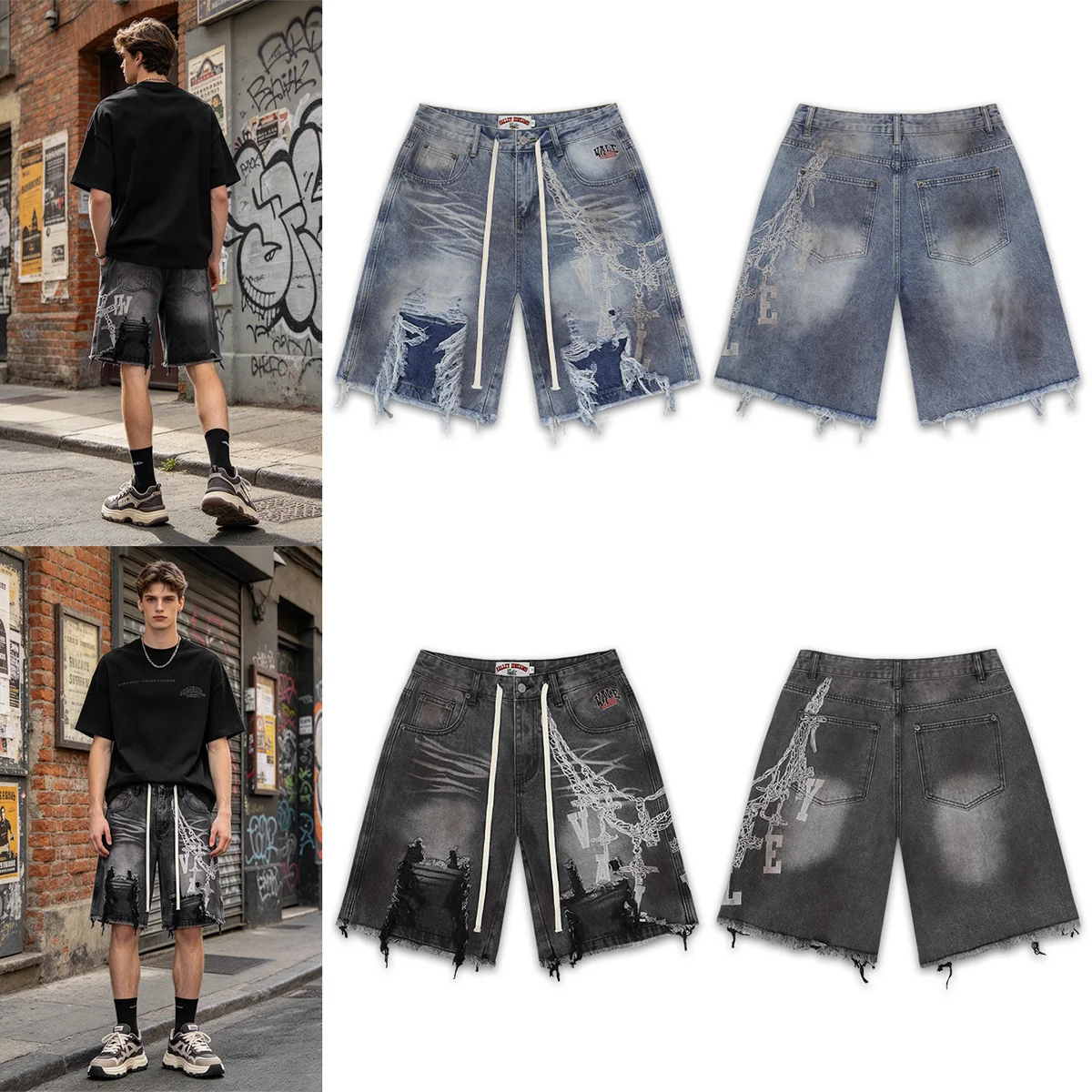 Vintage Washed Distressed Embroidery Baggy Jeans Shorts for Men and Women Streetwear Vintage Frayed Denim Shorts Oversized