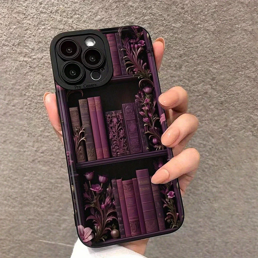 Vintage Perforated Edge Purple Bookcase Painted Case For iPhone 16 15 14 13 12 11 Pro Max XS X XR 7 8 16 Plus SE 2022 2020 Cover