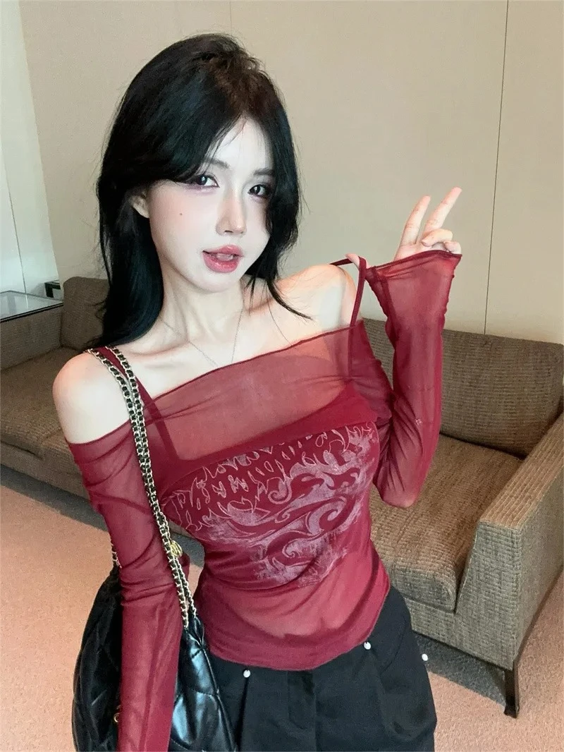 

Mesh See-through Tulle Sunscreen Blouse Women's Summer American Y2k Hottie Sexy One-word Shoulder Top Suspender Two-piece Set