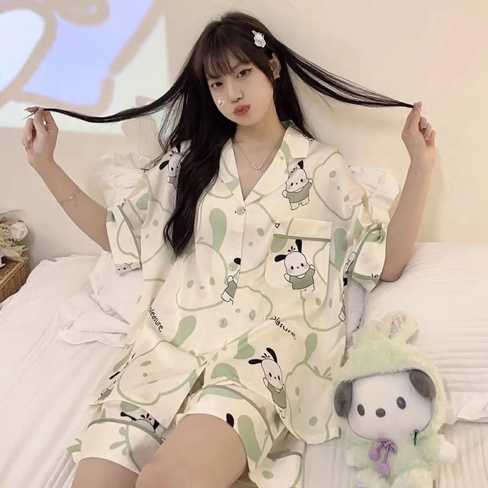 أنيمي 2 قطعة مرحبا كيتي Kuromi الصيف بيجامة دعوى Sanrioed Kawaii للنساء تي شيرتات قصيرة الاكمام السراويل المتسكعون الحلو Homewear
