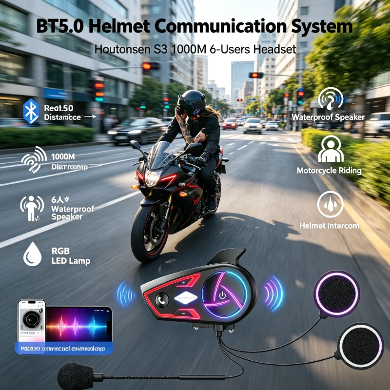 Bike Helmet Intercom Headset Houtonsen S3, BT5.0 1000M 6 Users, Waterproof RGB LED Lamp Bluetooth Speaker for Motorcycle Riding