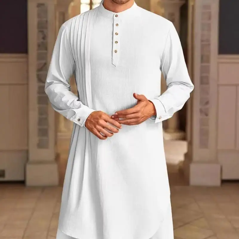 

Y3NE Retro Simple Muslims Dress Caftan Robe Long Sleeve Stand Collar Jubba Thobe Man Leisure Dress Thobe Islamic Clothing