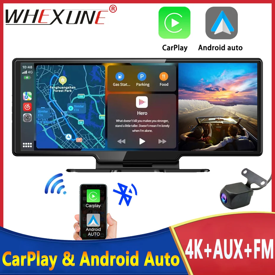 

Видеорегистратор WHEXUNE 10.26" 4K 2160P с камерой заднего вида, Carplay и Android Auto, GPS-навигацией, голосовым управлением, Bluetooth и FM-монитором