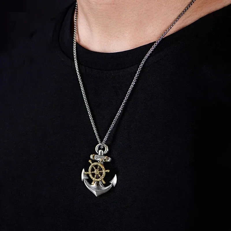 Retro Norse Mythology Pirate Ship Helm Anchor Pendant Necklace Men\'s Fashion Personality Rock Punk Jewelry