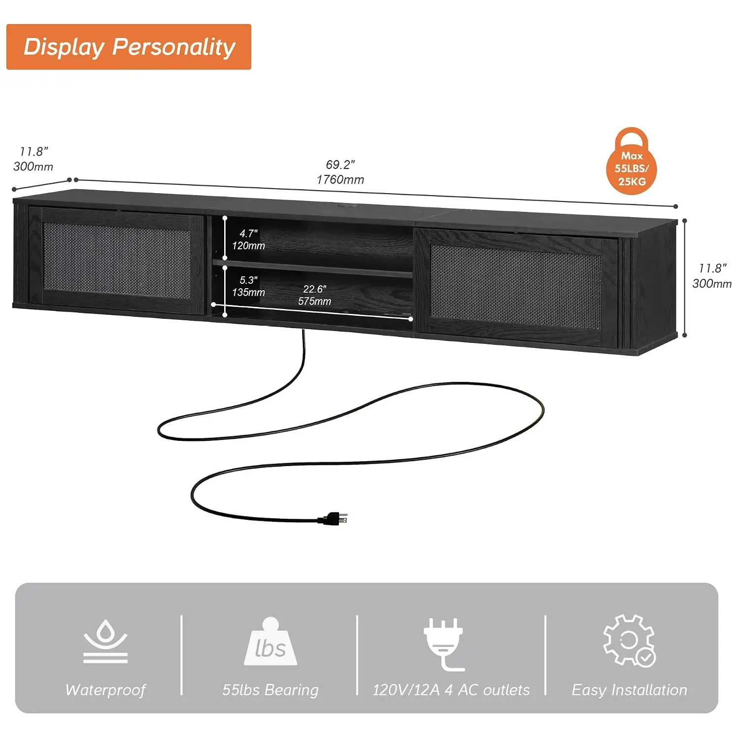 LED Floating TV Stand With Built-in Power Outlet, 2 Tier Media Console With Rattan Doors For TVs Up To 80
