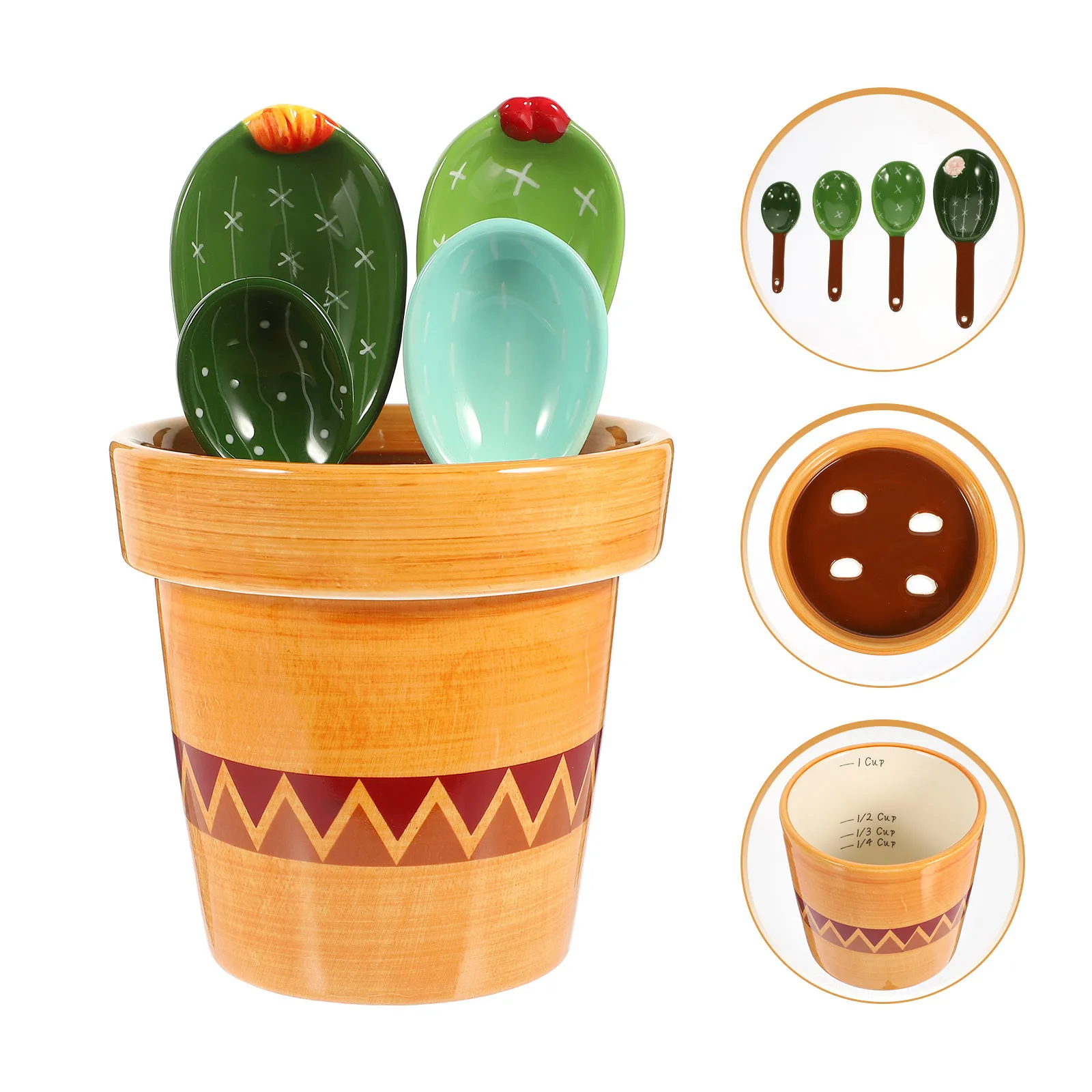

1Set Cactus Design Ceramic Measuring Spoon Set Space Saving Holder Kitchen Gadget for Coffee Scoop Baking Ingredient Powder