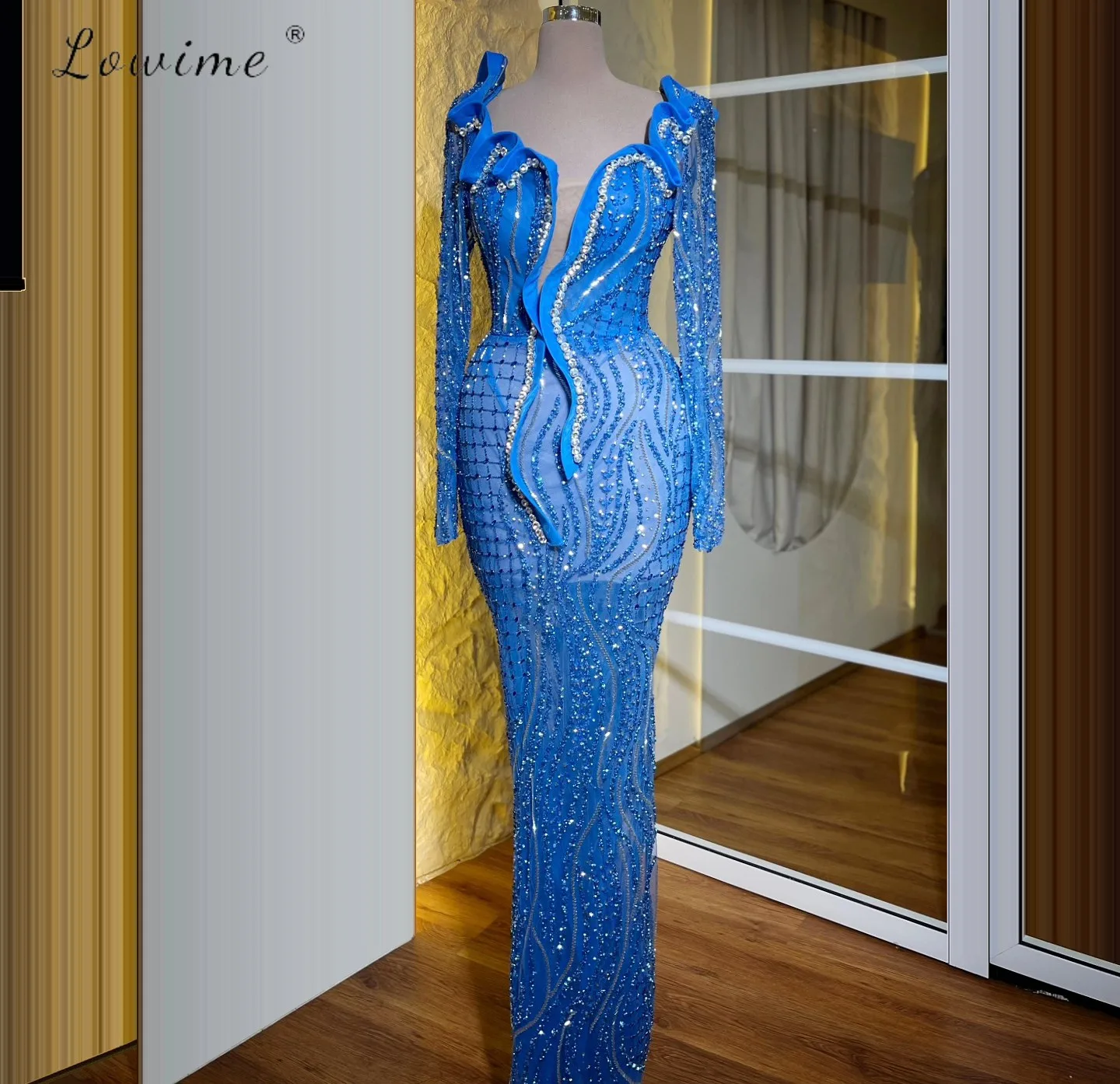 

2025 Sparkly Beading Evening Party Dress V Neck Long Sleeve Sheer Evening Gowns Customized