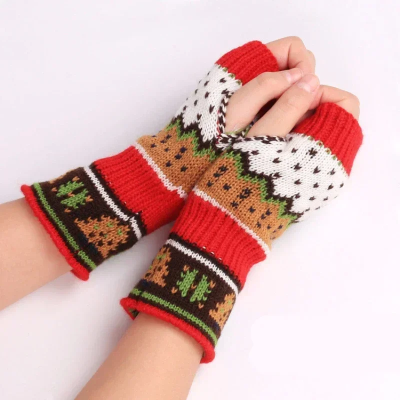 Christmas Women Crochet Knitted Gloves Short Arm Warmer Fingerless Mittens Winter Thick Wool Half Finger Gloves with Arm Sleeve