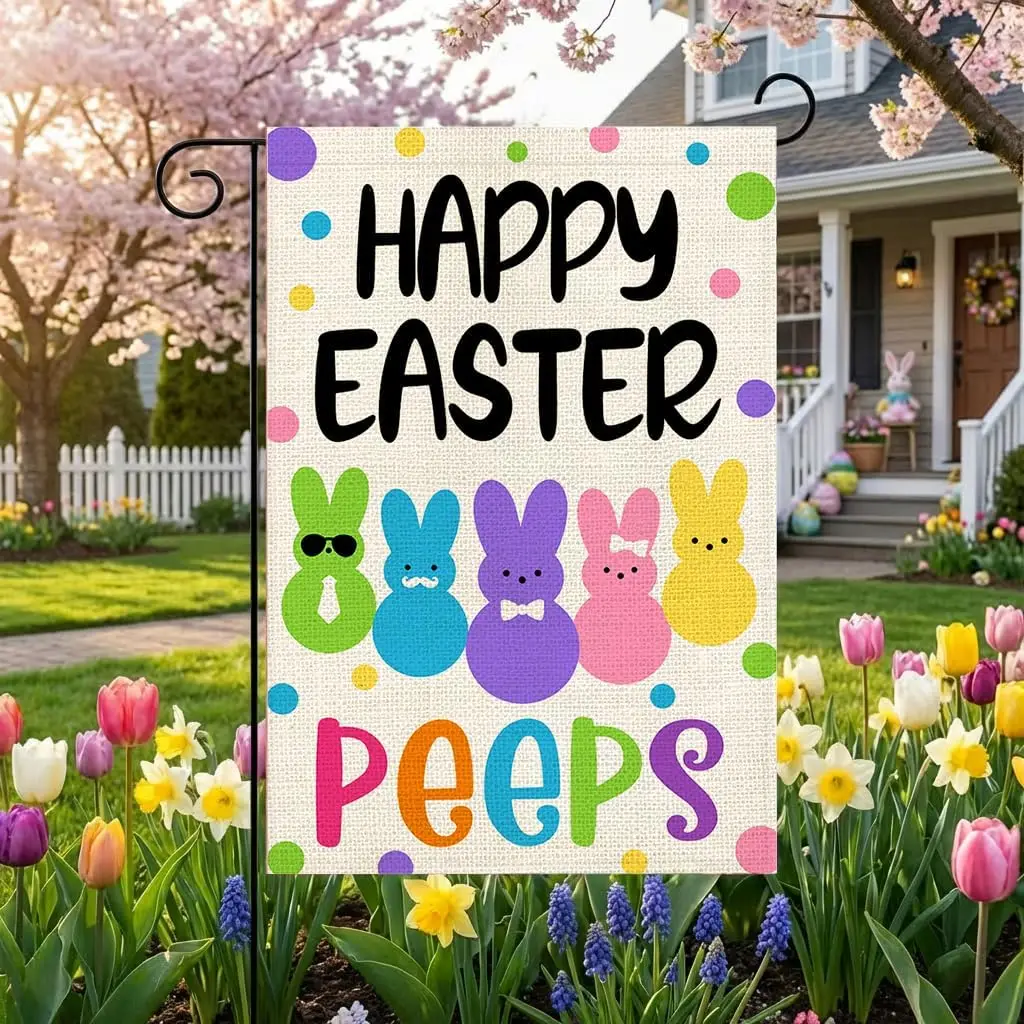Happy Easter Garden Flag 12x18 Double Sided Bunny Garden Flag for Outside Christian Easter Decorations for Home Outdoor Yard zzo