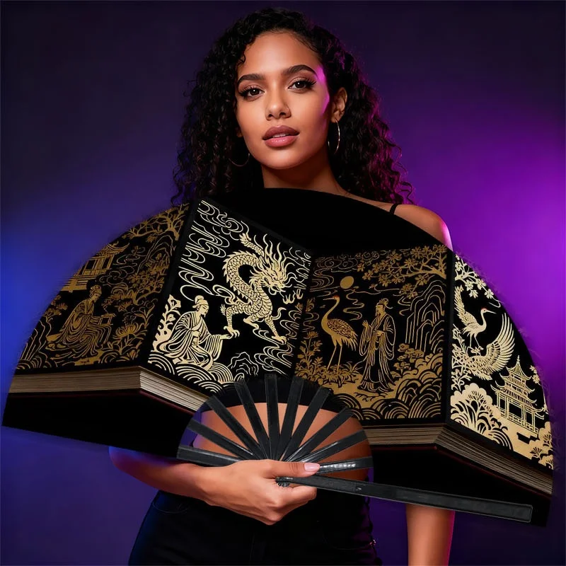 Men'S Handheld Fan, 1pc, Polyester Material, Chinese-Style Golden Pattern Design (Pagoda, Dragon, Crane Motifs), Elegant Artistic Appearance, Suitable for Daily Use And Outdoor Activities, Ideal for Men'S Fashion Additions, Without Battery