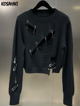 2025 Spring Hollow Out Vintage Women Sweaters Holes Long Sleeve Fashion Cropped Knitted Tops Y2k Aesthetic Loose O Neck Pullover