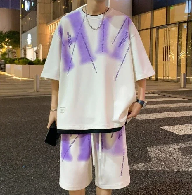 

Graphic T-shirts Shorts Suits for Men Nylon Print Loose Essential High Quality Korean Two Piece Set Novelty in Cool Tee Man Sets