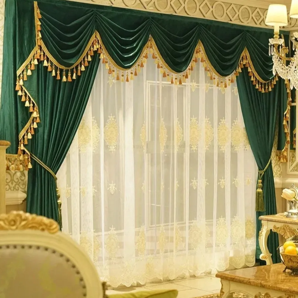 Luxury Curtains for Living Dining Room Bedroom Gold Velvet Fabric Curtains High-end Villa Valance Curtains Tulle Customization