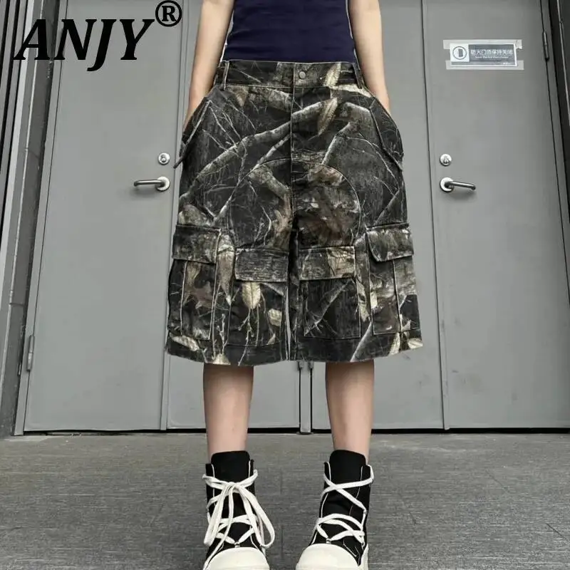 

ANJY Summer New Women Streetwear Washed Camouflage Loose Wide Leg Denim Shorts Multi-Pocket Safari Style Trend Casual Ins A22529
