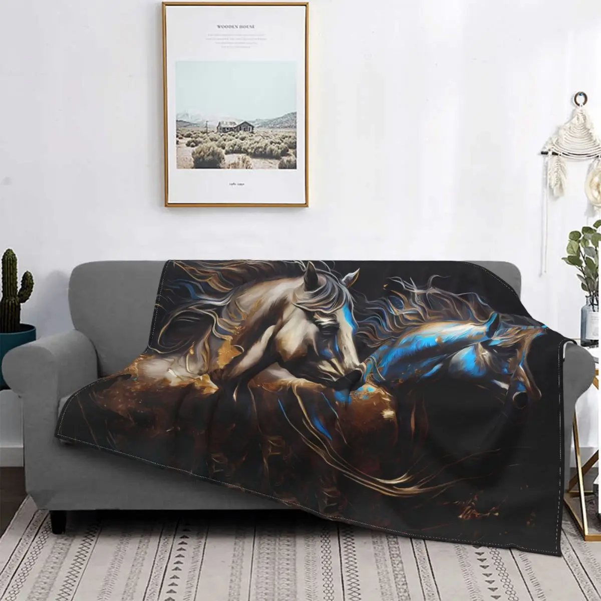 Gilded Equine Elegance Black Blanket Galloping Horses Fleece Flannel Summer Cute Plaid Throw Blankets For Car Rug Piece